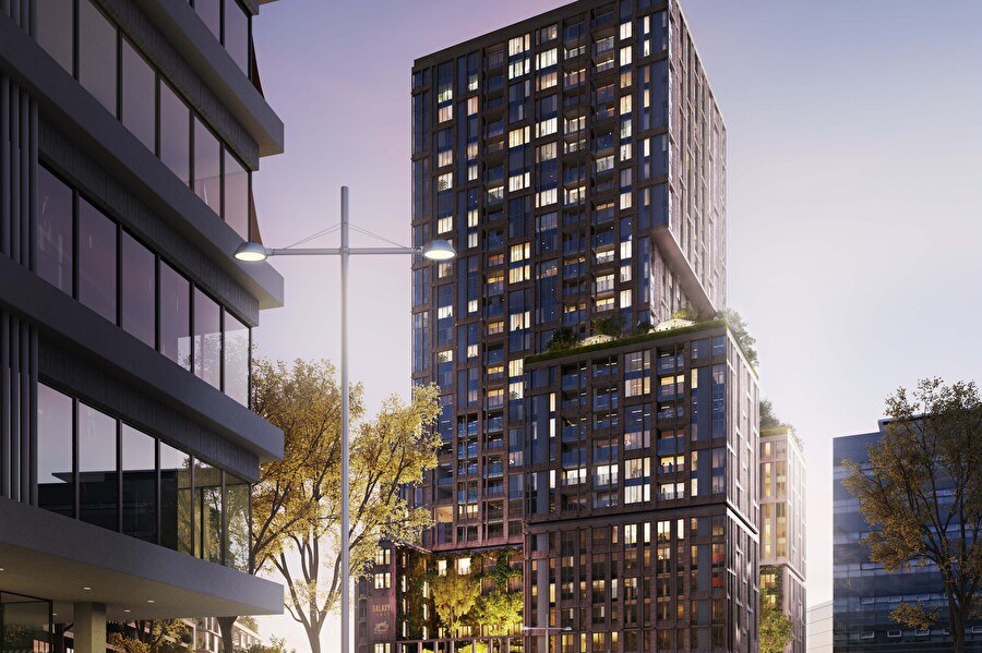 Impression des zukünftigen Amrâth Galaxy Jaarbeurshotels Utrecht, ein modernes Hochhaus mit grünen Terrassen im Herzen der Stadt.